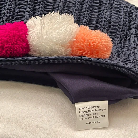 Shiraleah Navy Rio Zip Pouch Clutch Handbag w/ White Pink And Coral Pompoms NWT - Picture 5 of 6